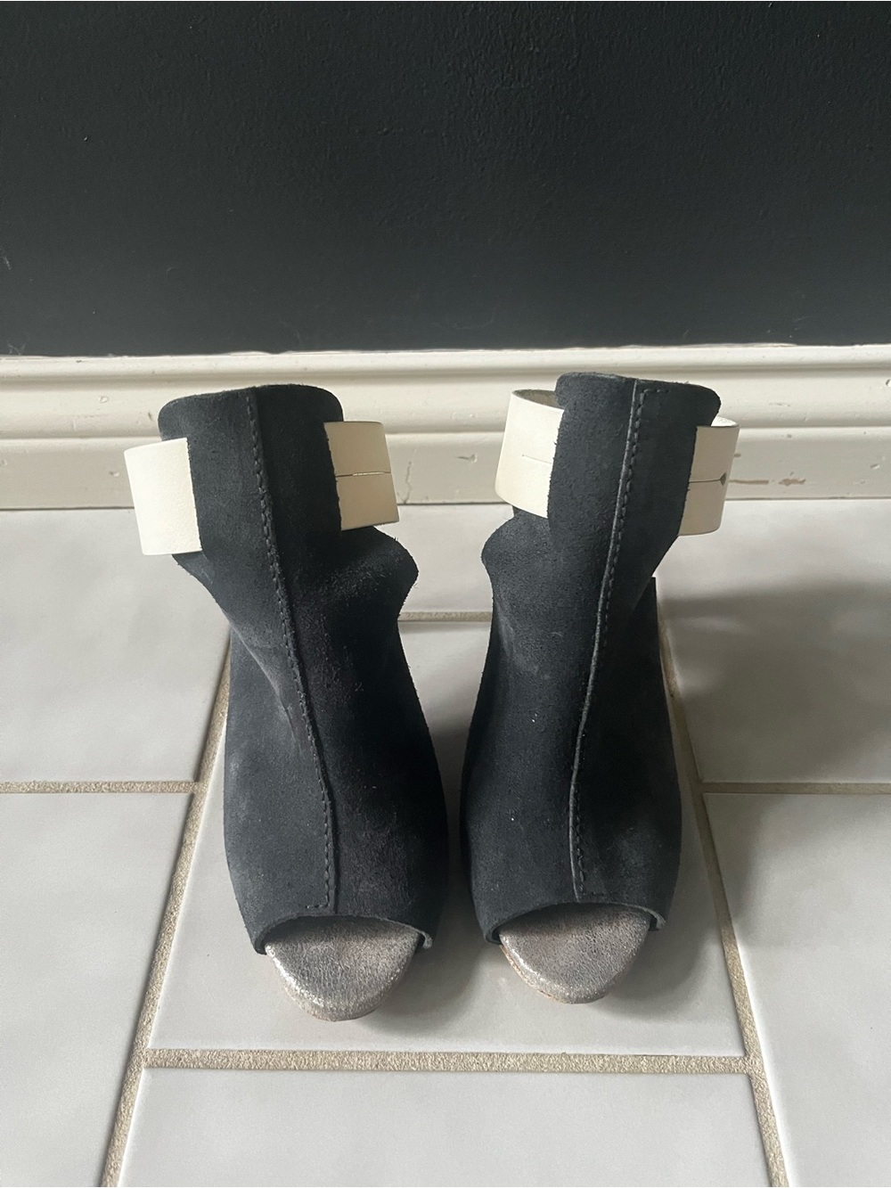 Pedro Garcia Black Suede Peep-Toe Ankle Boots with Cream Strap